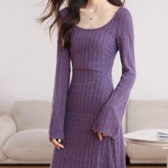 ブルベ冬服　ケーブル編みニット長袖ミディ丈ワンピース