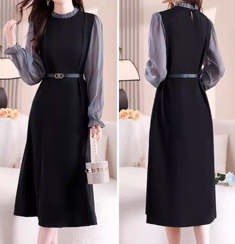 ブルベ冬服　透け感袖シアーフリル襟付きベルト付きワンピース