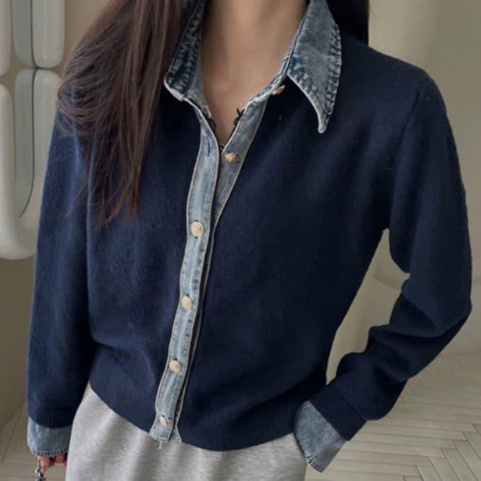 ブルベ夏/ブルベ冬服　配色デニム襟ニットカーディガンシャツ