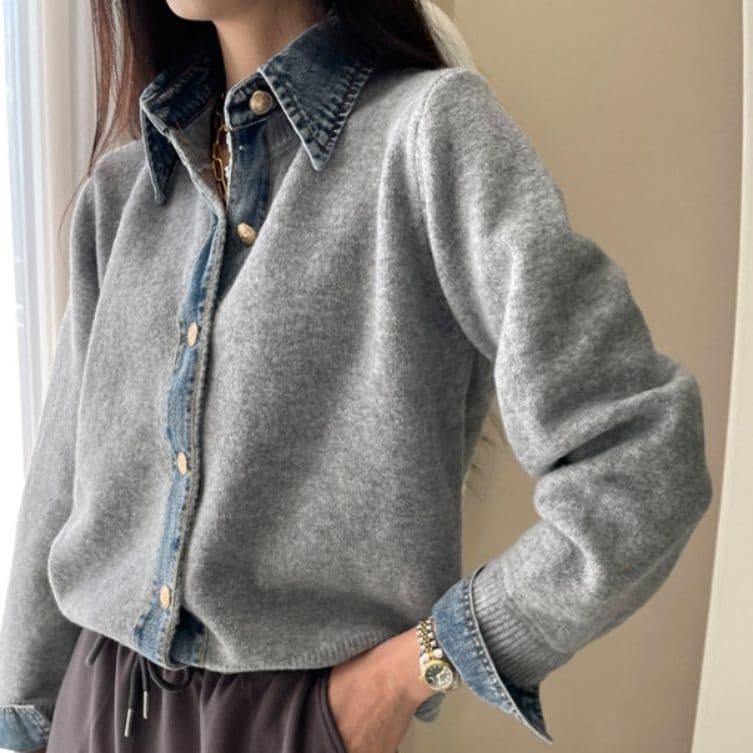 ブルベ夏/ブルベ冬服　配色デニム襟ニットカーディガンシャツ