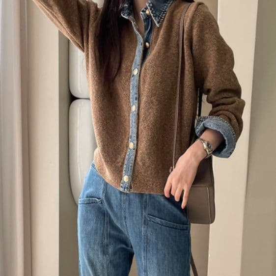 ブルベ夏/ブルベ冬服　配色デニム襟ニットカーディガンシャツ