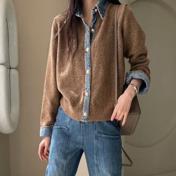 ブルベ夏/ブルベ冬服　配色デニム襟ニットカーディガンシャツ