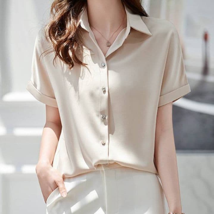 ブルベ夏/ブルベ冬服　開襟デザイン半袖とろみ素材ブラウス