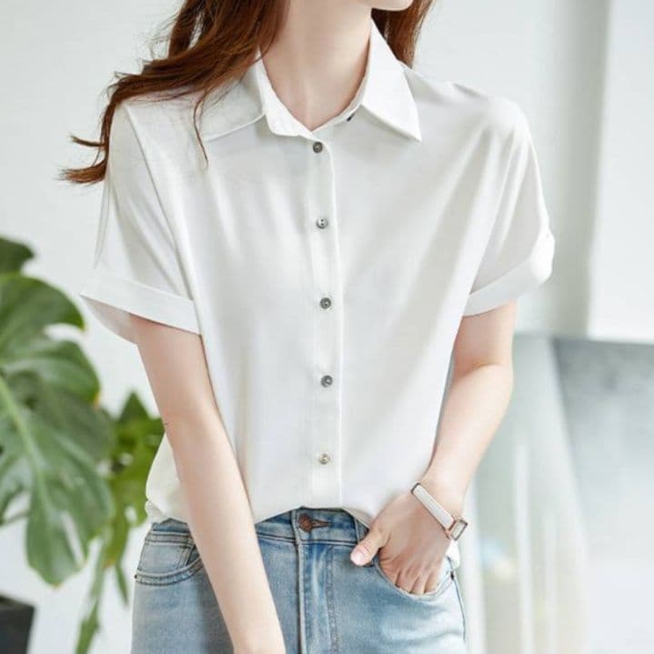 ブルベ夏/ブルベ冬服　開襟デザイン半袖とろみ素材ブラウス