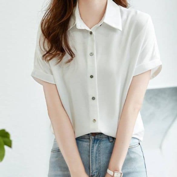 ブルベ夏/ブルベ冬服　開襟デザイン半袖とろみ素材ブラウス