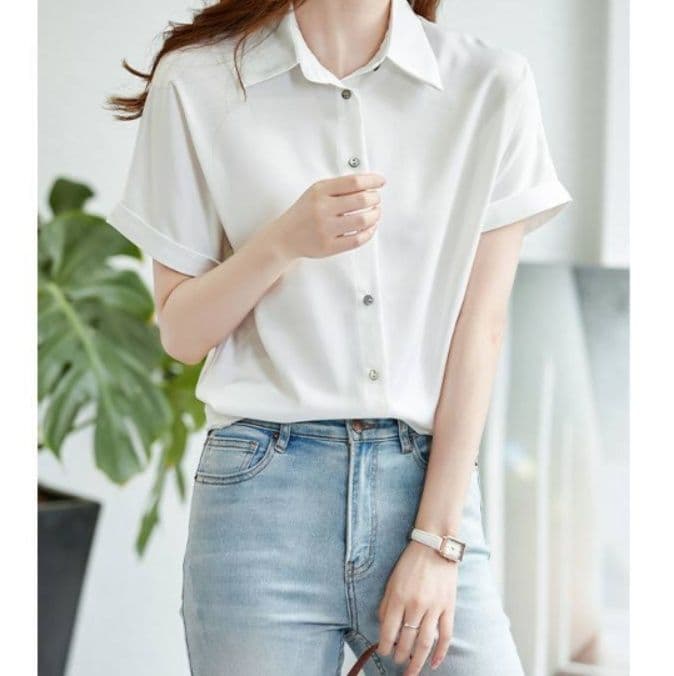 ブルベ夏/ブルベ冬服　開襟デザイン半袖とろみ素材ブラウス