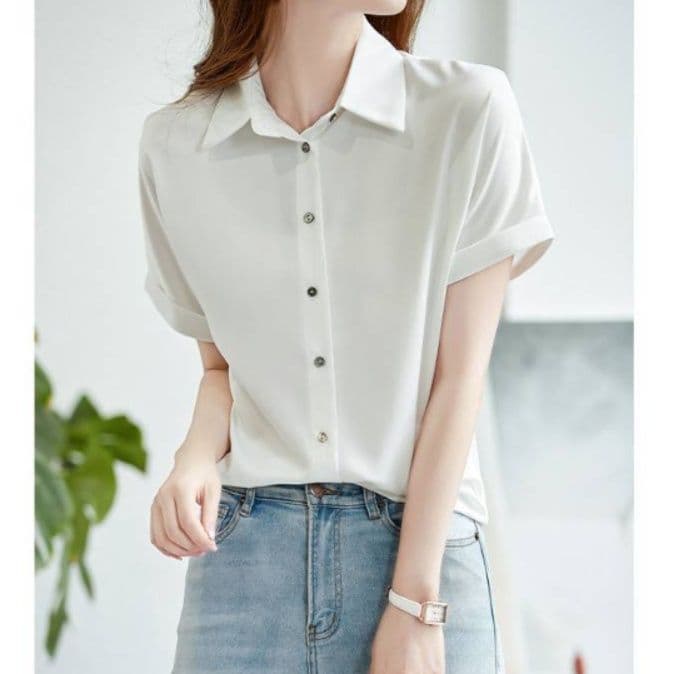 ブルベ夏/ブルベ冬服　開襟デザイン半袖とろみ素材ブラウス