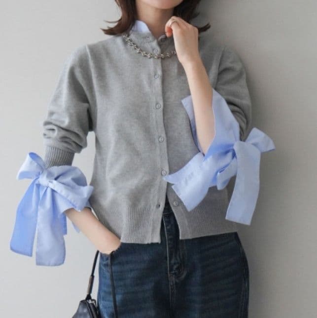 ブルベ夏/ブルベ冬服　リボン切り替えニットカーディガン重ね着風