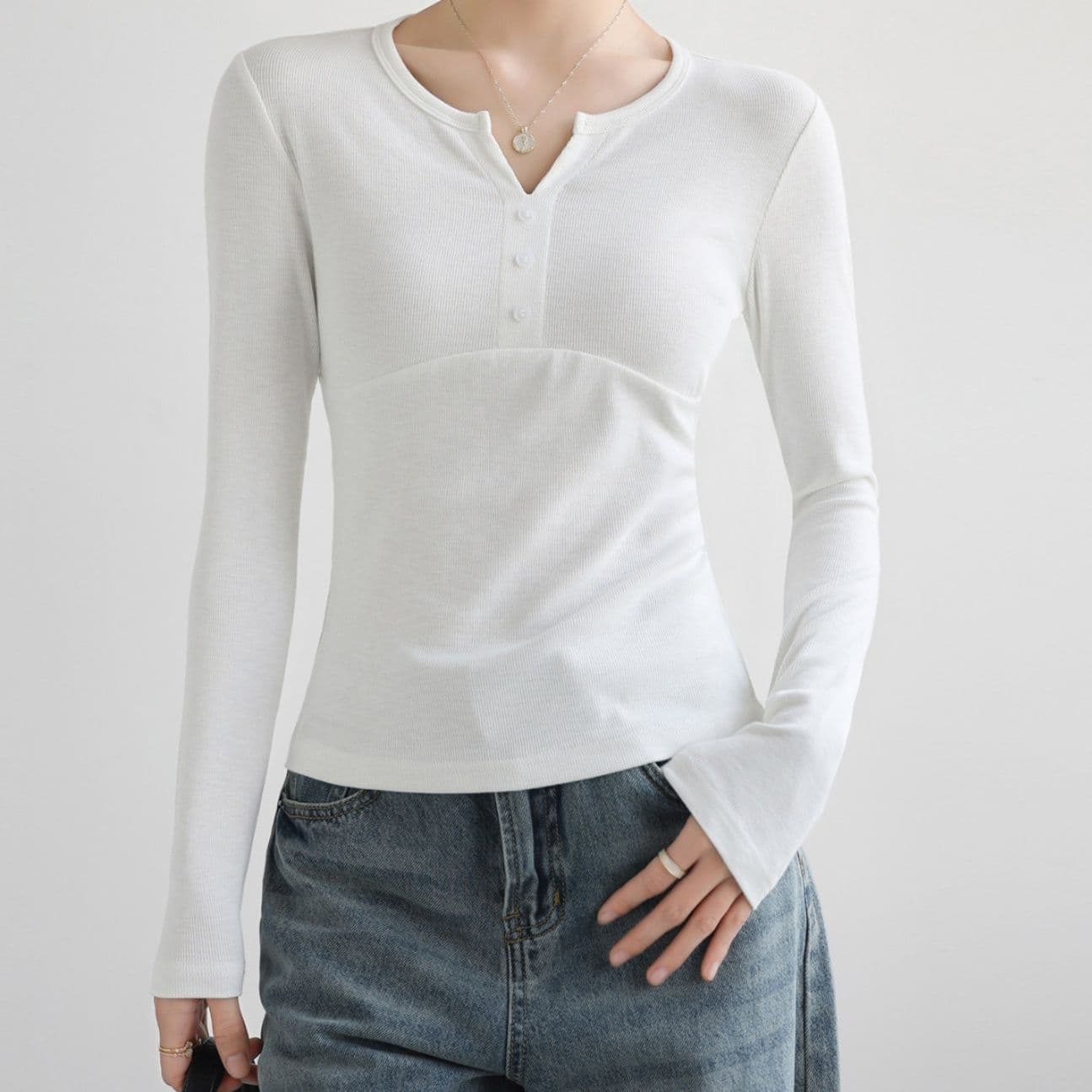 ブルベ夏/ブルベ冬服　ヘンリーネックリブ編み長袖Tシャツ