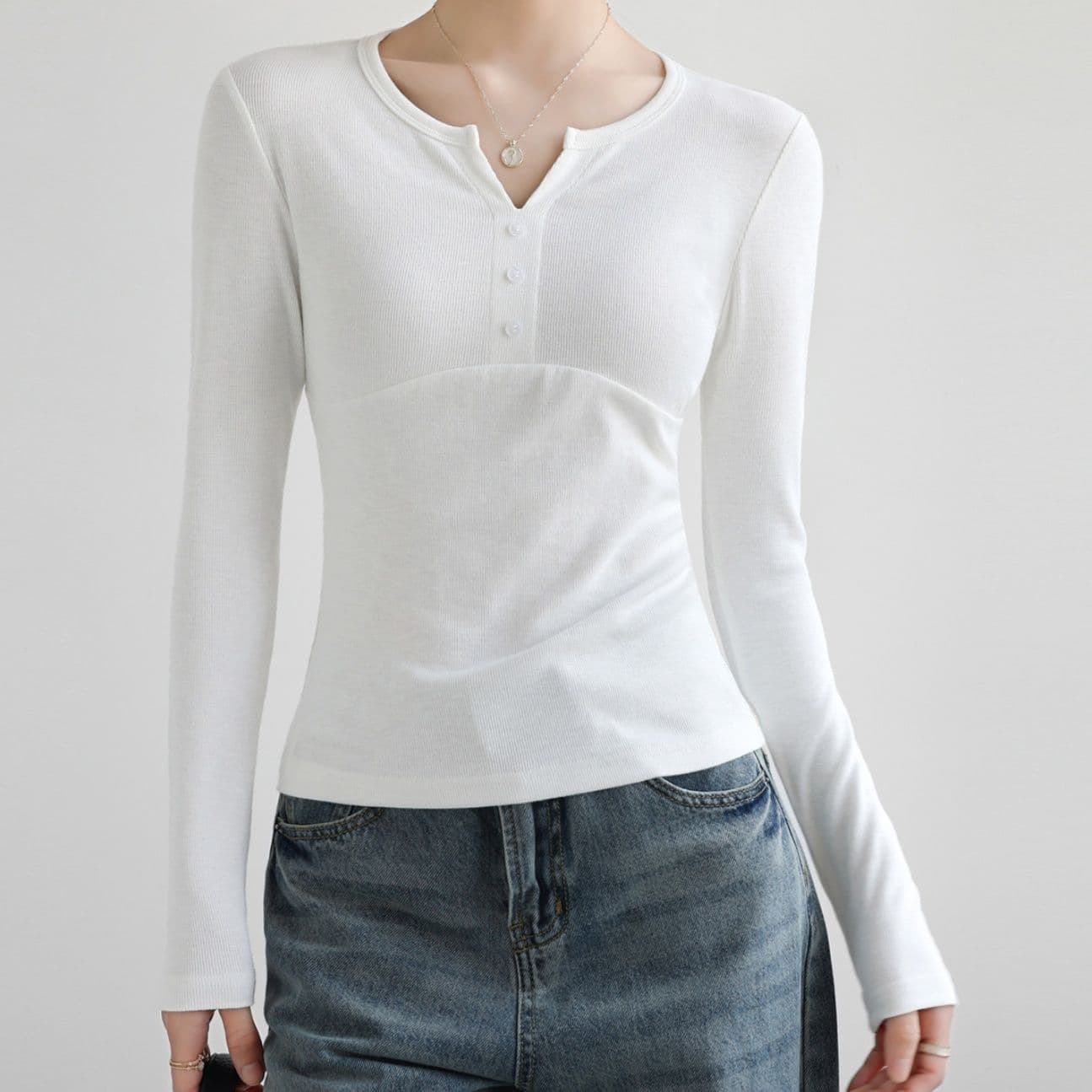 ブルベ夏/ブルベ冬服　ヘンリーネックリブ編み長袖Tシャツ