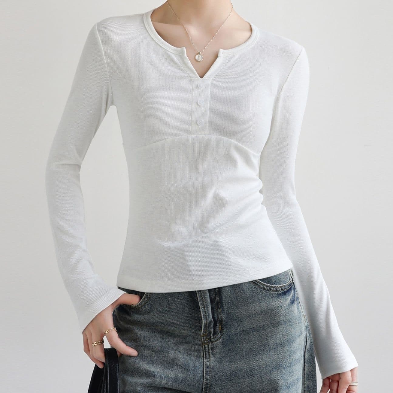 ブルベ夏/ブルベ冬服　ヘンリーネックリブ編み長袖Tシャツ