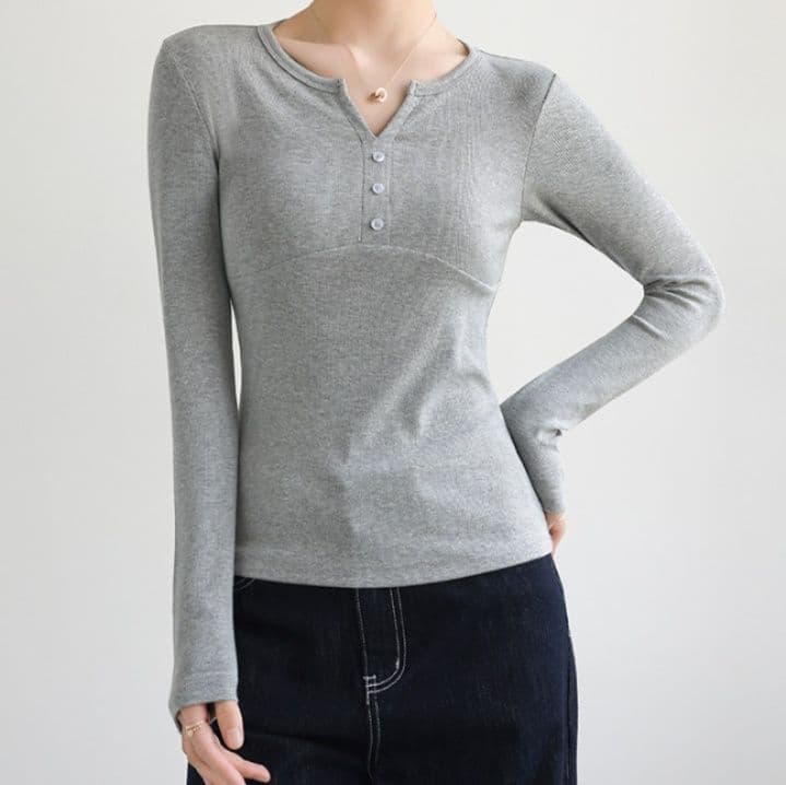 ブルベ夏/ブルベ冬服　ヘンリーネックリブ編み長袖Tシャツ