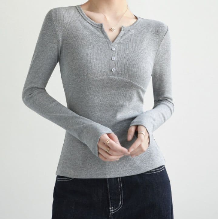 ブルベ夏/ブルベ冬服　ヘンリーネックリブ編み長袖Tシャツ
