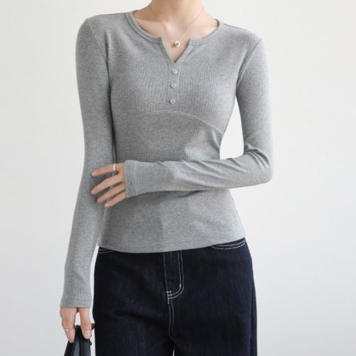 ブルベ夏/ブルベ冬服　ヘンリーネックリブ編み長袖Tシャツ