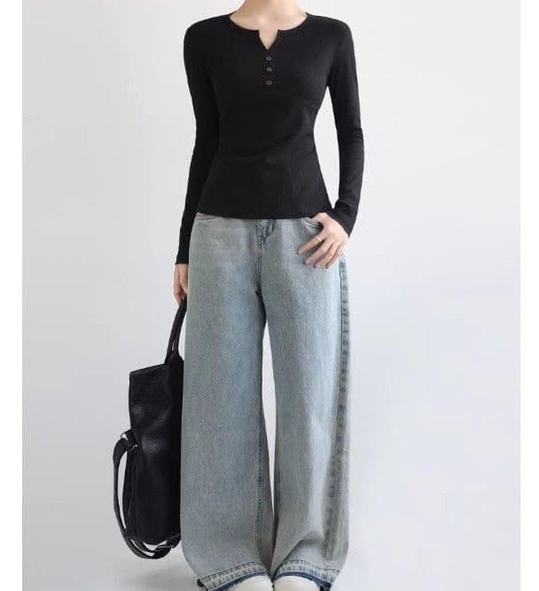 ブルベ夏/ブルベ冬服　ヘンリーネックリブ編み長袖Tシャツ