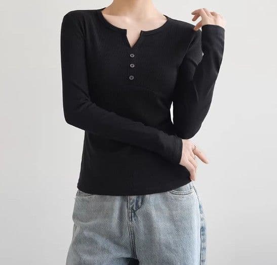 ブルベ夏/ブルベ冬服　ヘンリーネックリブ編み長袖Tシャツ