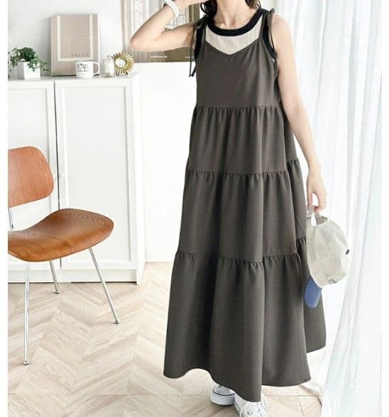 ブルベ夏/ブルベ冬服　肩リボン付きティアードキャミソールワンピース