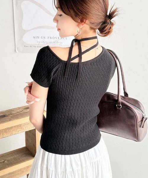 ブルベ夏/ブルベ冬服 リボンネックケーブル編みニット