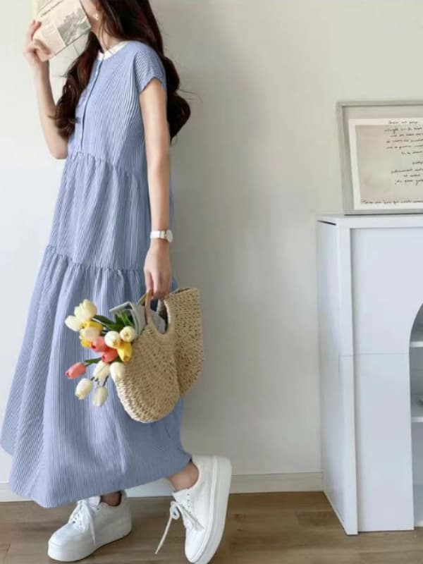 ブルベ夏/ブルベ冬服 爽やか縦縞ティアードワンピース