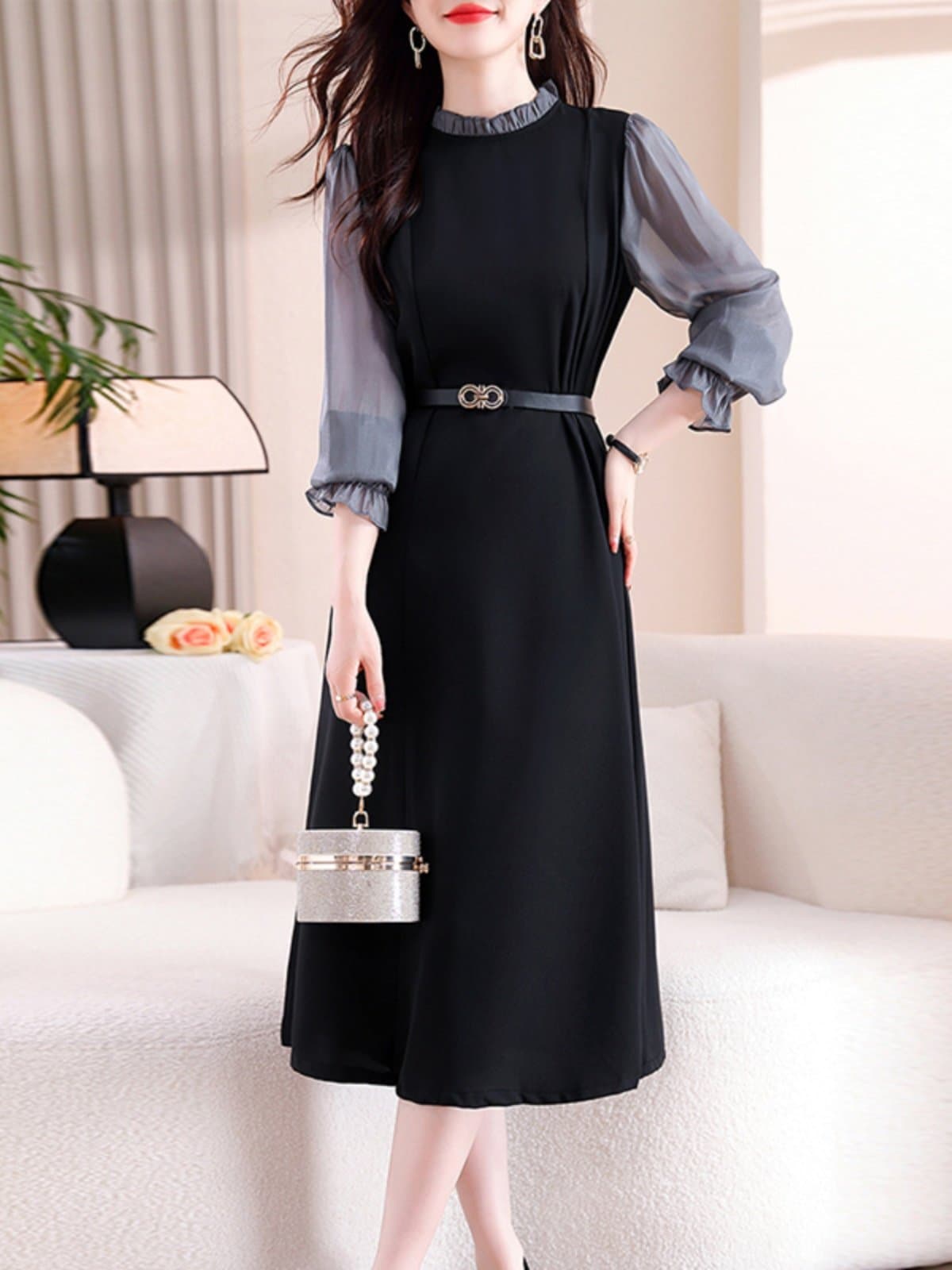 ブルベ冬服　透け感袖シアーフリル襟付きベルト付きワンピース