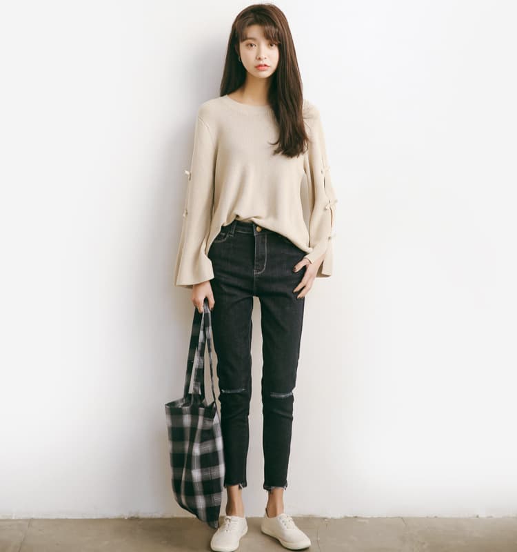 ブルベ夏/ブルベ冬服 袖リボン装飾ゆったりニット