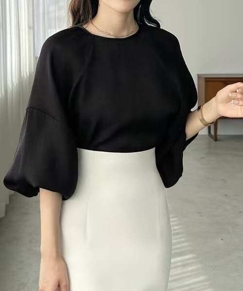 ブルベ夏/ブルベ冬服　ふんわりバルーン袖クルーネック七分袖ブラウス