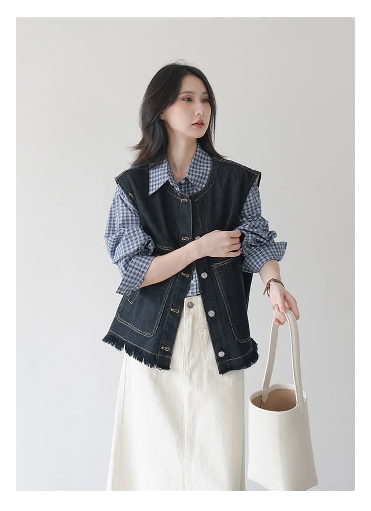 ブルベ冬服 断ち切りフリンジ デニムベスト