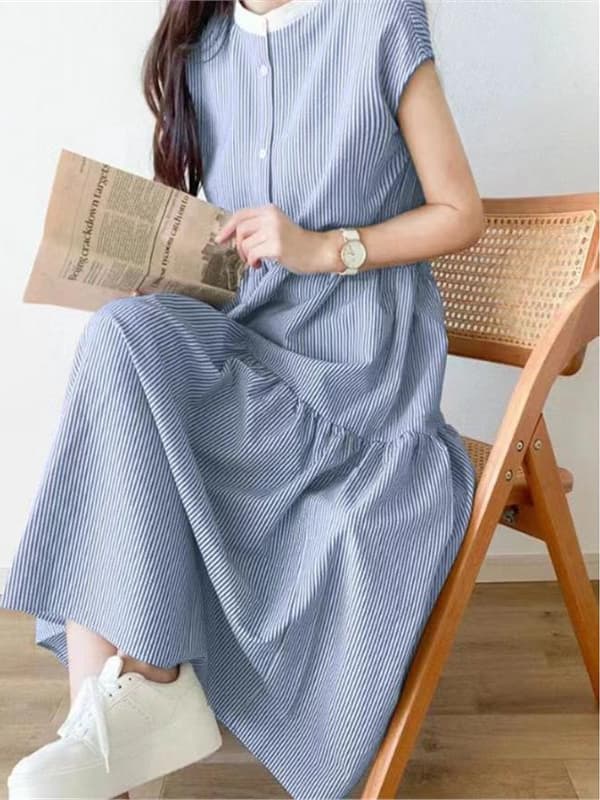 ブルベ夏/ブルベ冬服 爽やか縦縞ティアードワンピース