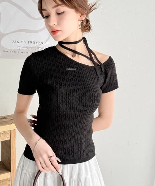 ブルベ夏/ブルベ冬服 リボンネックケーブル編みニット