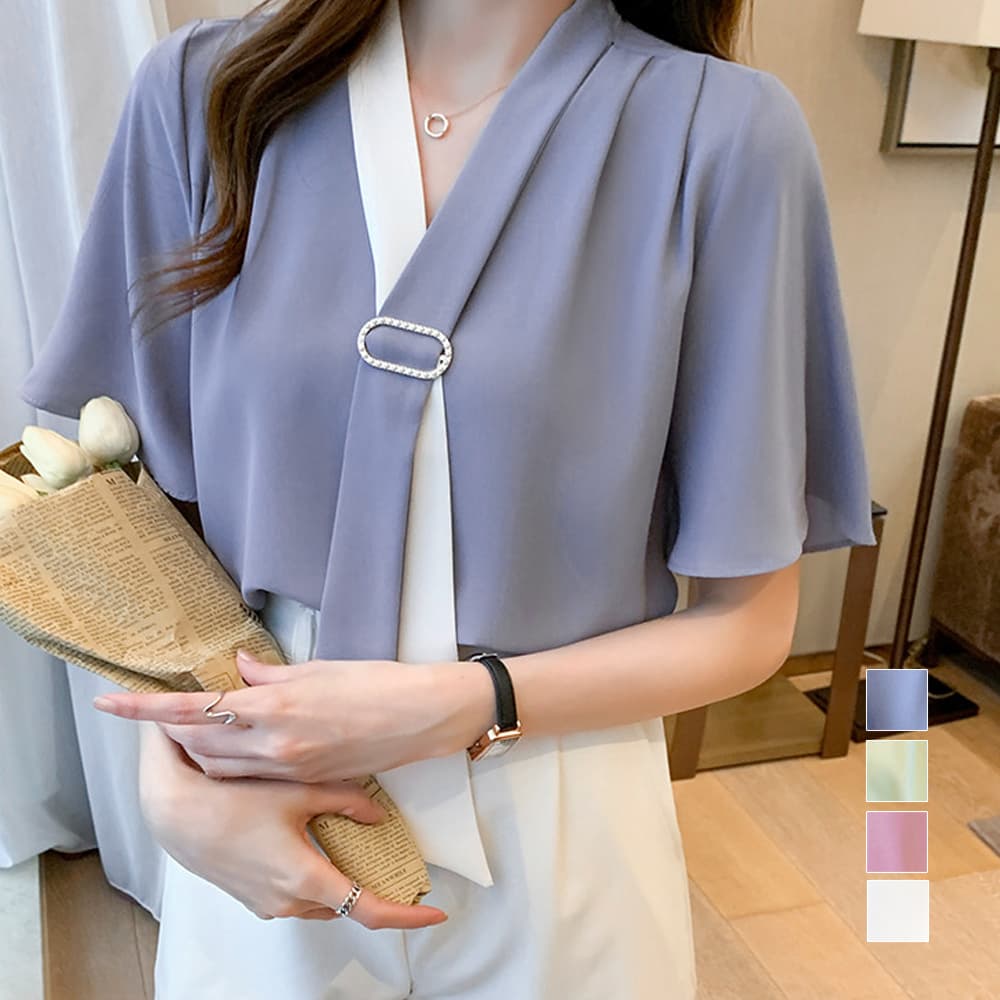 ブルベ夏/ブルベ冬服 上品フレア袖 ブローチ付きシャツブラウス