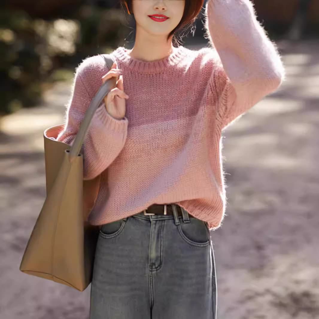 ブルベ夏/ブルベ冬服　上品なボーダー柄丸首長袖ニットプルオーバー