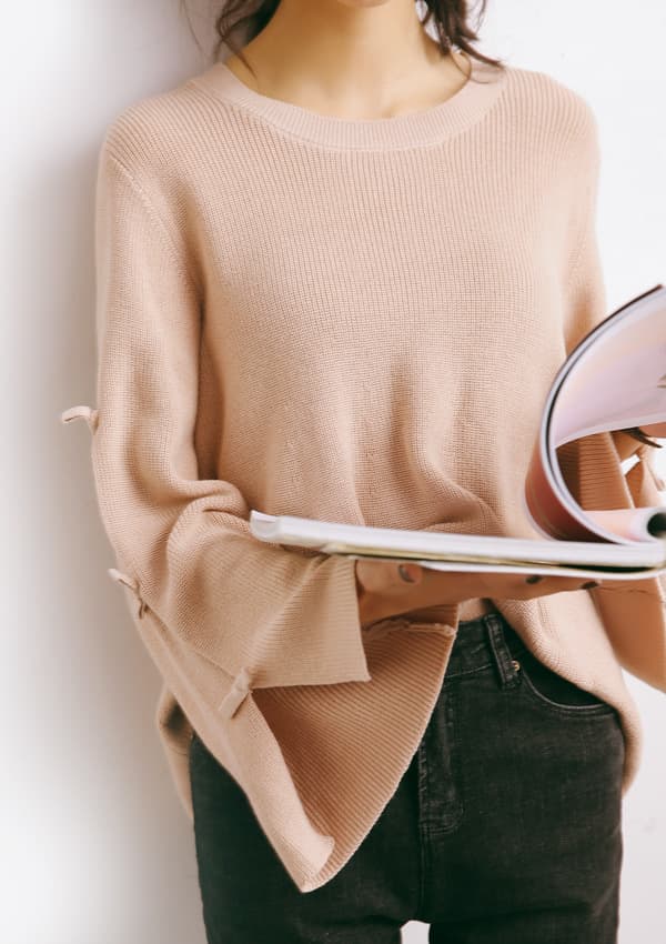 ブルベ夏/ブルベ冬服 袖リボン装飾ゆったりニット