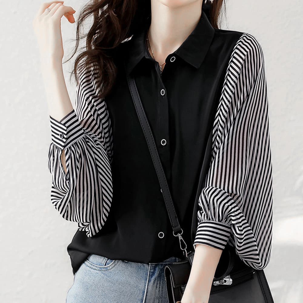 ブルベ冬服 ストライプ袖切り替えシャツブラウス 長袖