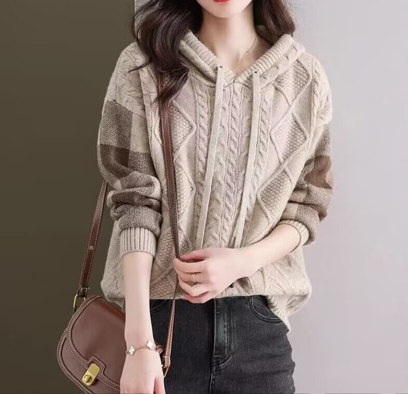 ブルベ夏/ブルベ冬服　立体ケーブル編みフード付き切替袖ニットパーカー