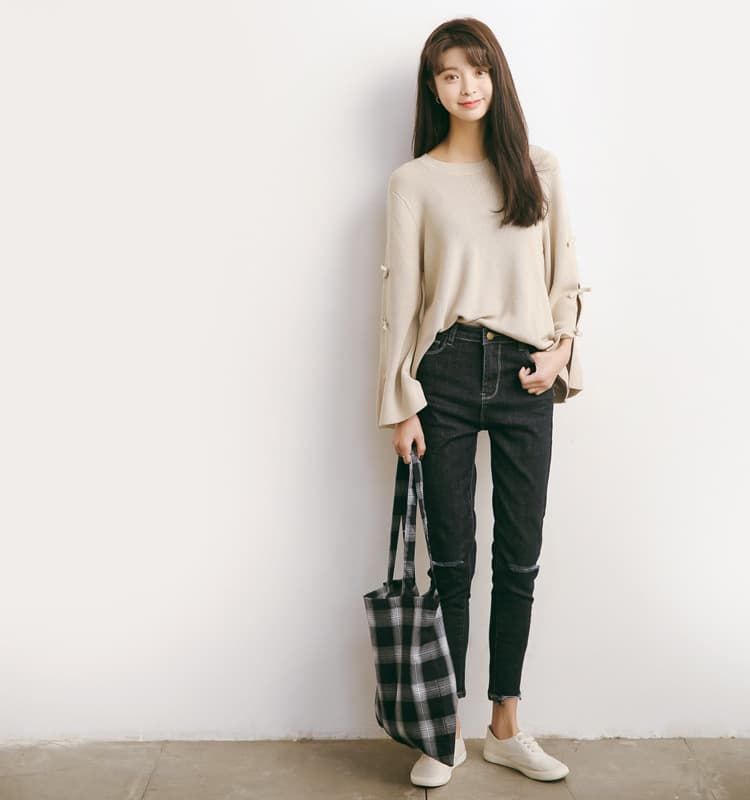 ブルベ夏/ブルベ冬服 袖リボン装飾ゆったりニット