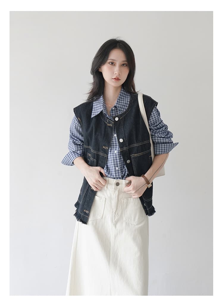 ブルベ冬服 断ち切りフリンジ デニムベスト