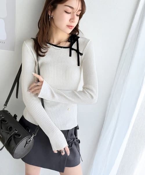 ブルベ夏/ブルベ冬服 リボン結び細リブ柔らかニット