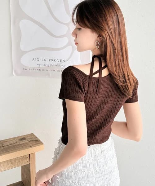 ブルベ夏/ブルベ冬服 リボンネックケーブル編みニット