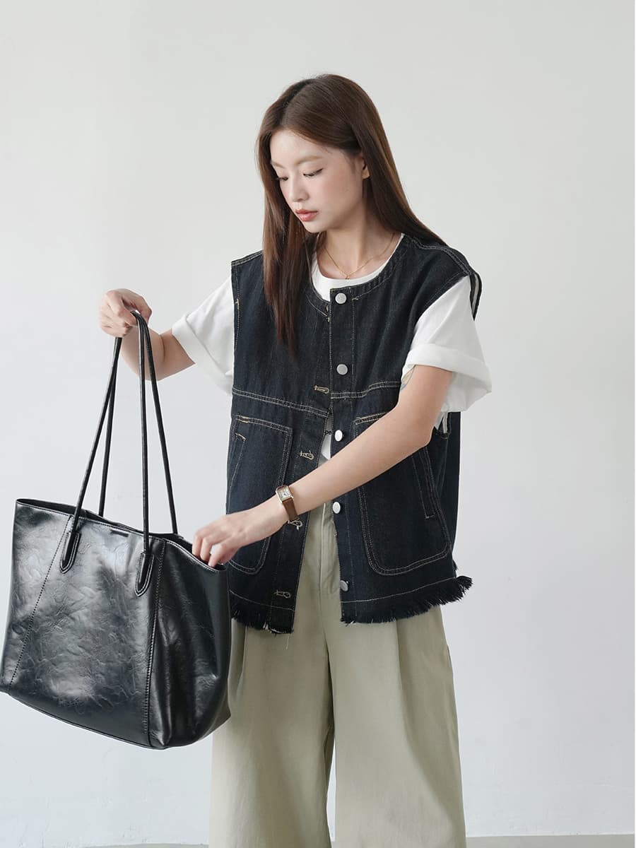 ブルベ冬服 断ち切りフリンジ デニムベスト
