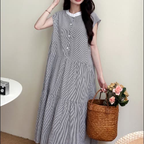 ブルベ夏/ブルベ冬服 爽やか縦縞ティアードワンピース