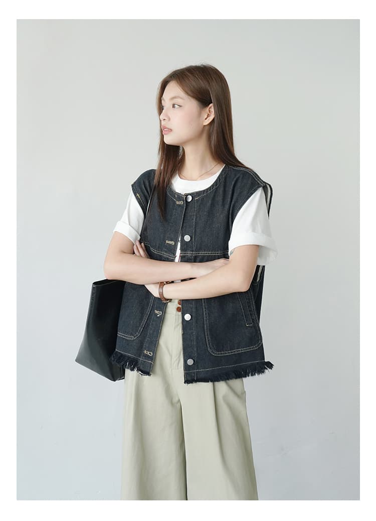 ブルベ冬服 断ち切りフリンジ デニムベスト
