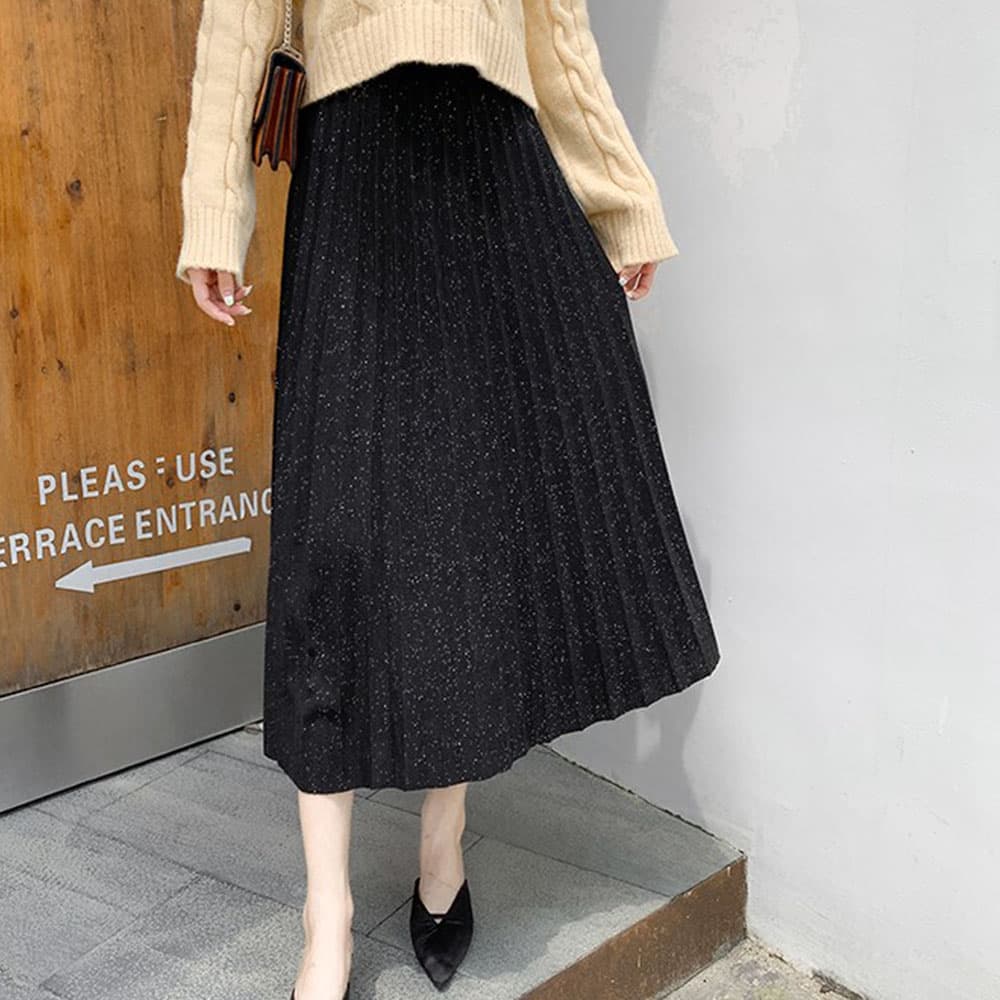 ブルベ夏/ブルベ冬服 ラメ入りプリーツスカート ウエストゴム ミディアム丈