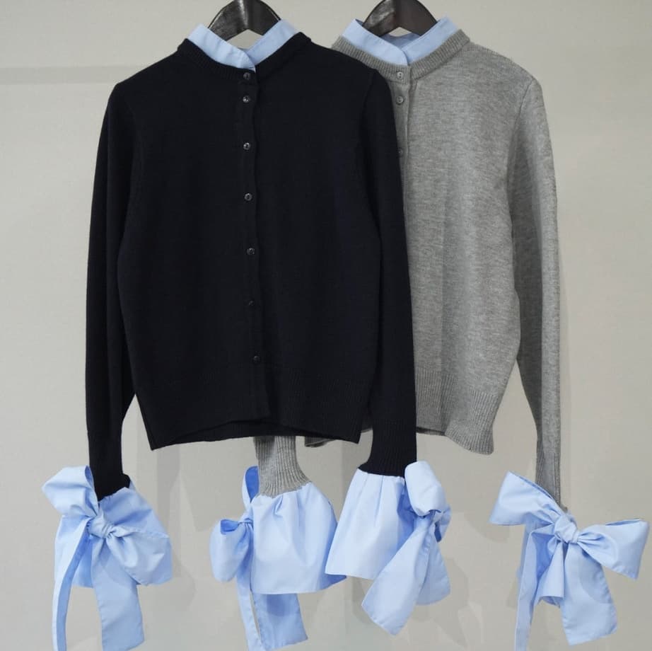 ブルベ夏/ブルベ冬服　リボン切り替えニットカーディガン重ね着風