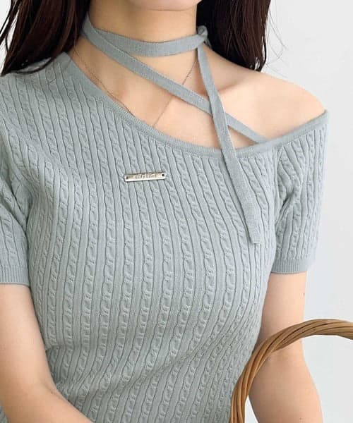 ブルベ夏/ブルベ冬服 リボンネックケーブル編みニット