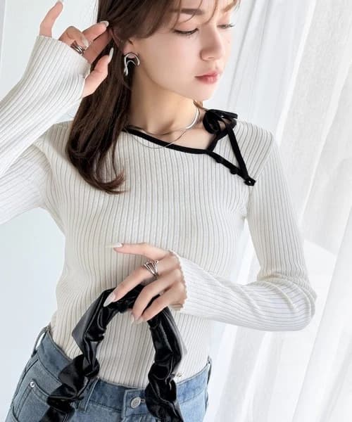 ブルベ夏/ブルベ冬服 リボン結び細リブ柔らかニット