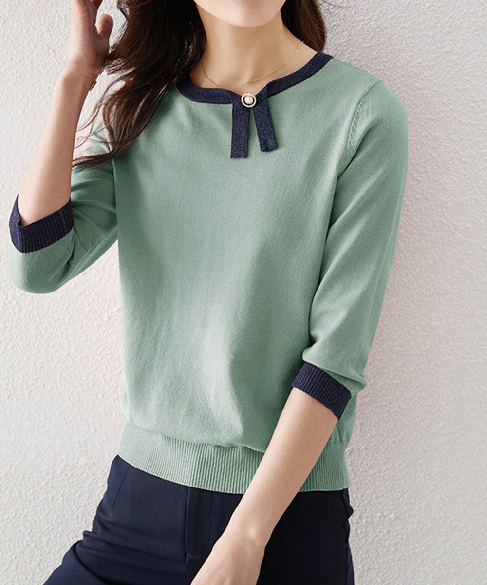 ブルベ夏/ブルベ冬服 配色リボン付き七分袖ニット