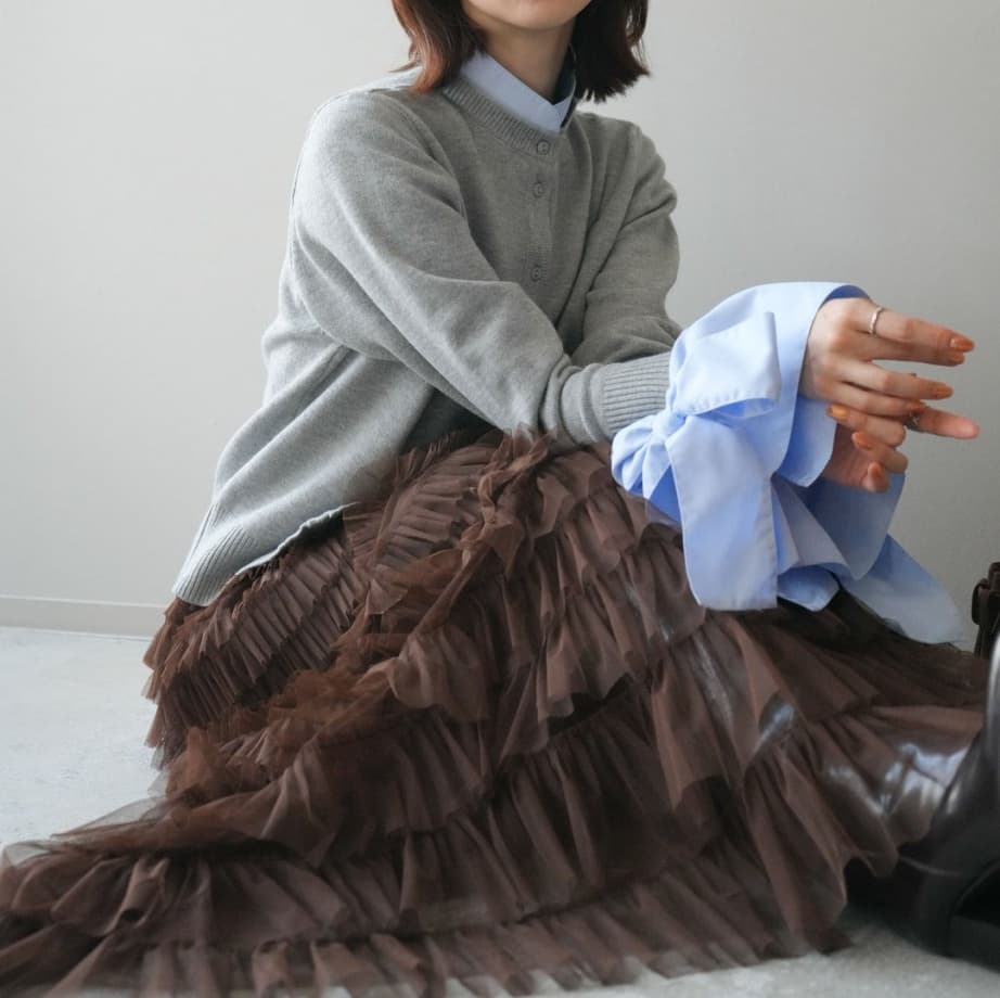 ブルベ夏/ブルベ冬服　リボン切り替えニットカーディガン重ね着風