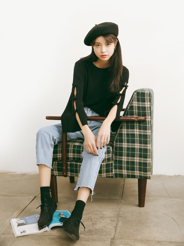 ブルベ夏/ブルベ冬服 袖リボン装飾ゆったりニット