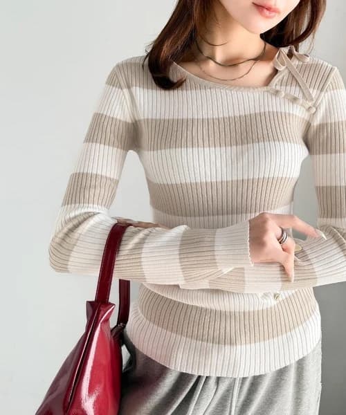 ブルベ夏/ブルベ冬服 リボン結び細リブ柔らかニット