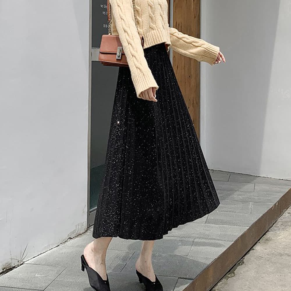 ブルベ夏/ブルベ冬服 ラメ入りプリーツスカート ウエストゴム ミディアム丈